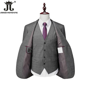 Checked Suit 3-piece Set Grid Gray Suit