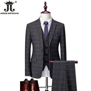 Checked Suit 3-piece Set Grid Gray Suit